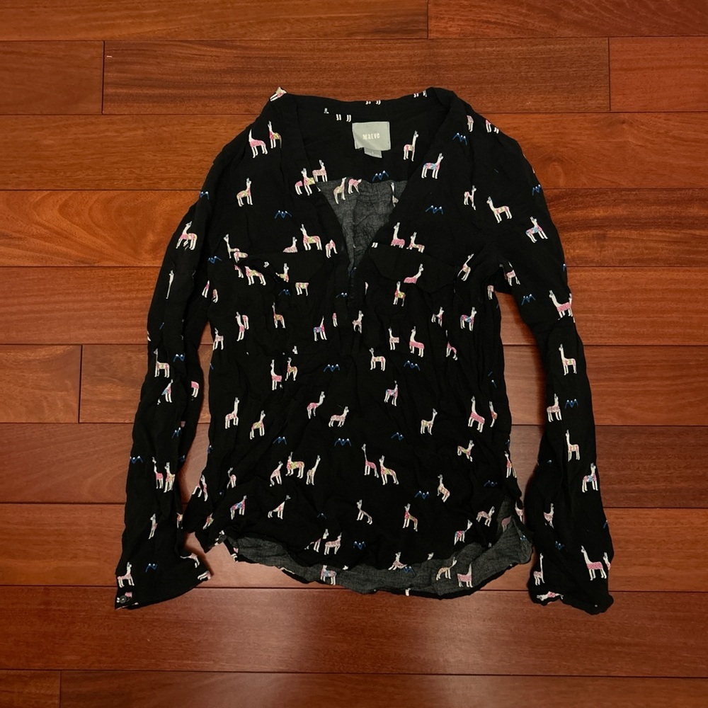 Anthropologie Black Blouse with Pink & White Llama Print